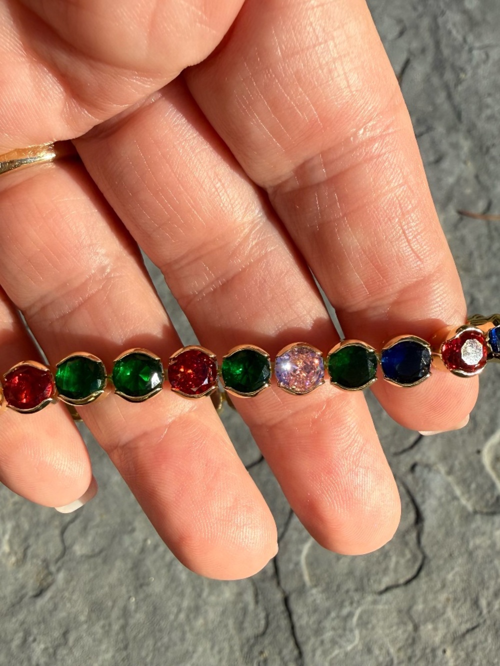 Multicolored tennis bracelet - circle gemstones, 14k gold plated